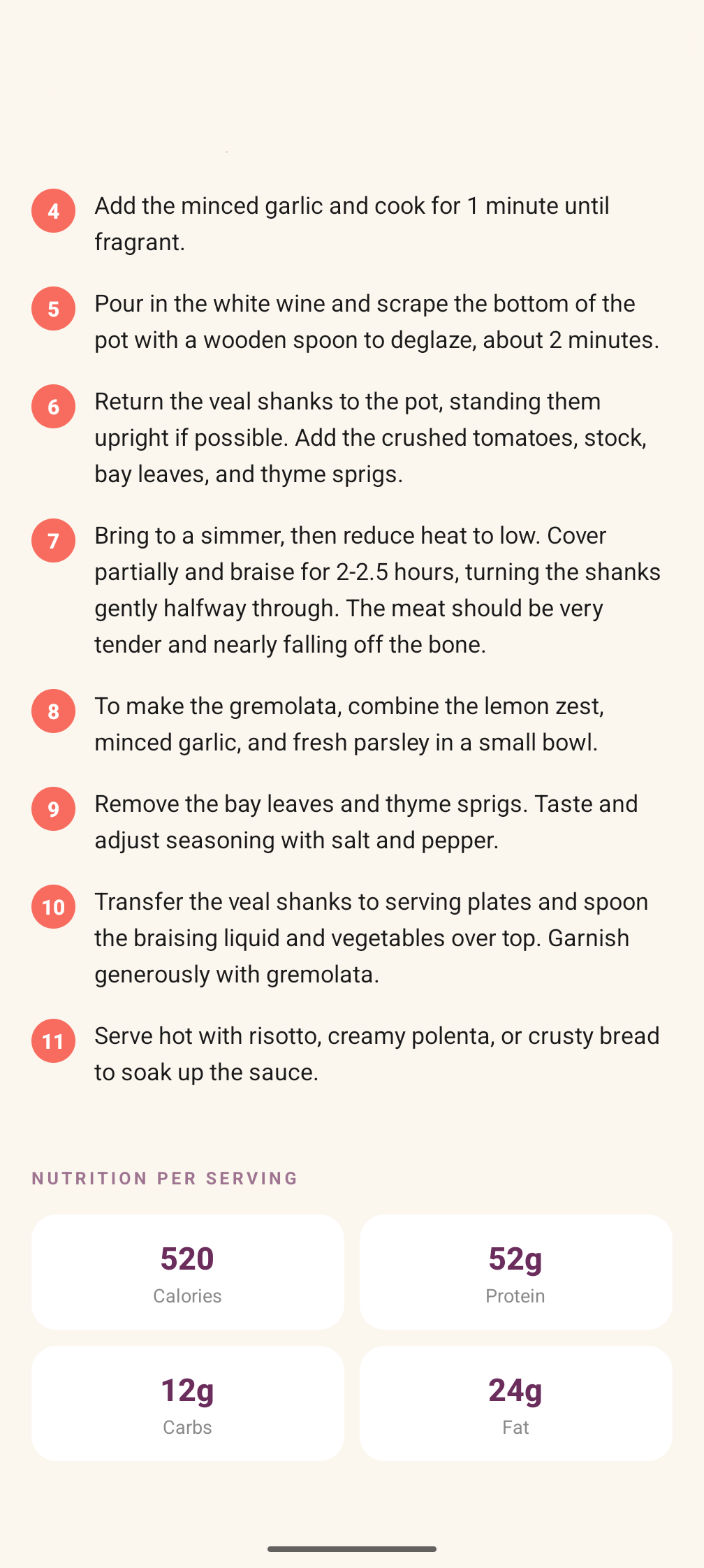 Recipe steps and nutrition info