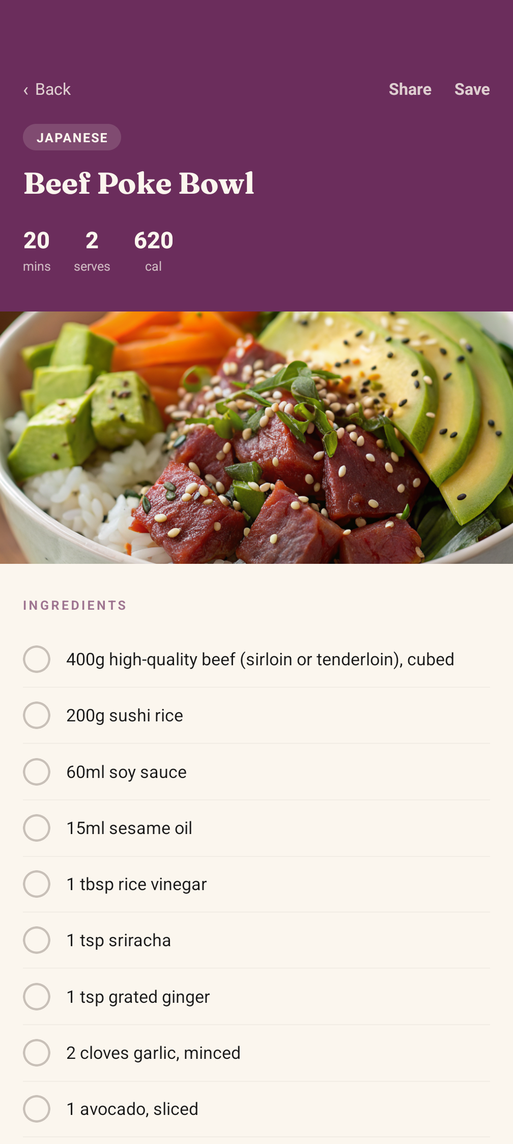 Beef Poke Bowl recipe with hero image and ingredients
