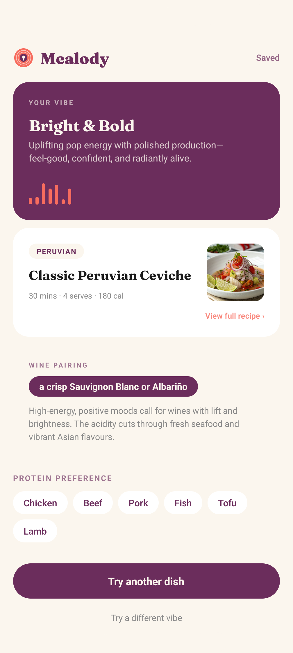 Bright & Bold vibe matched to Classic Peruvian Ceviche