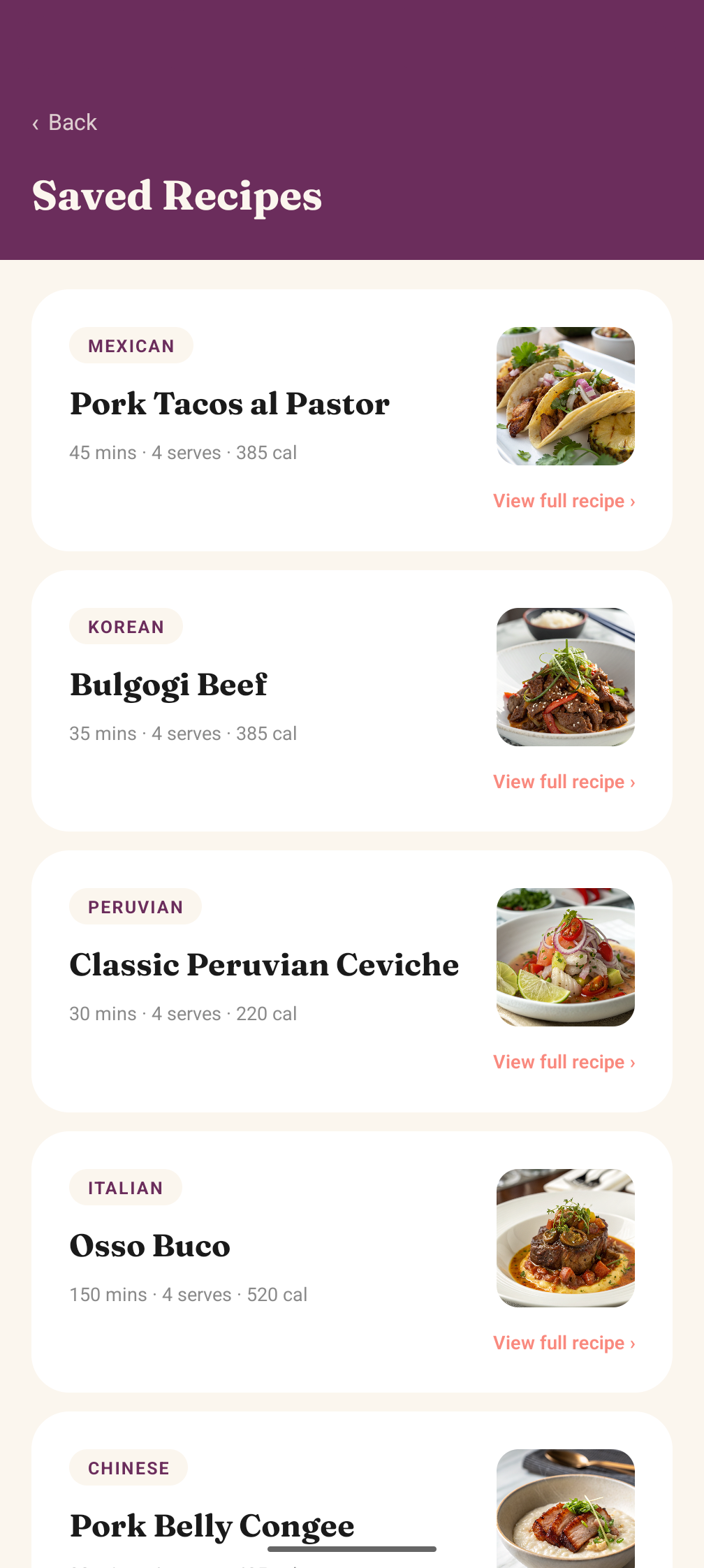 Saved recipes library