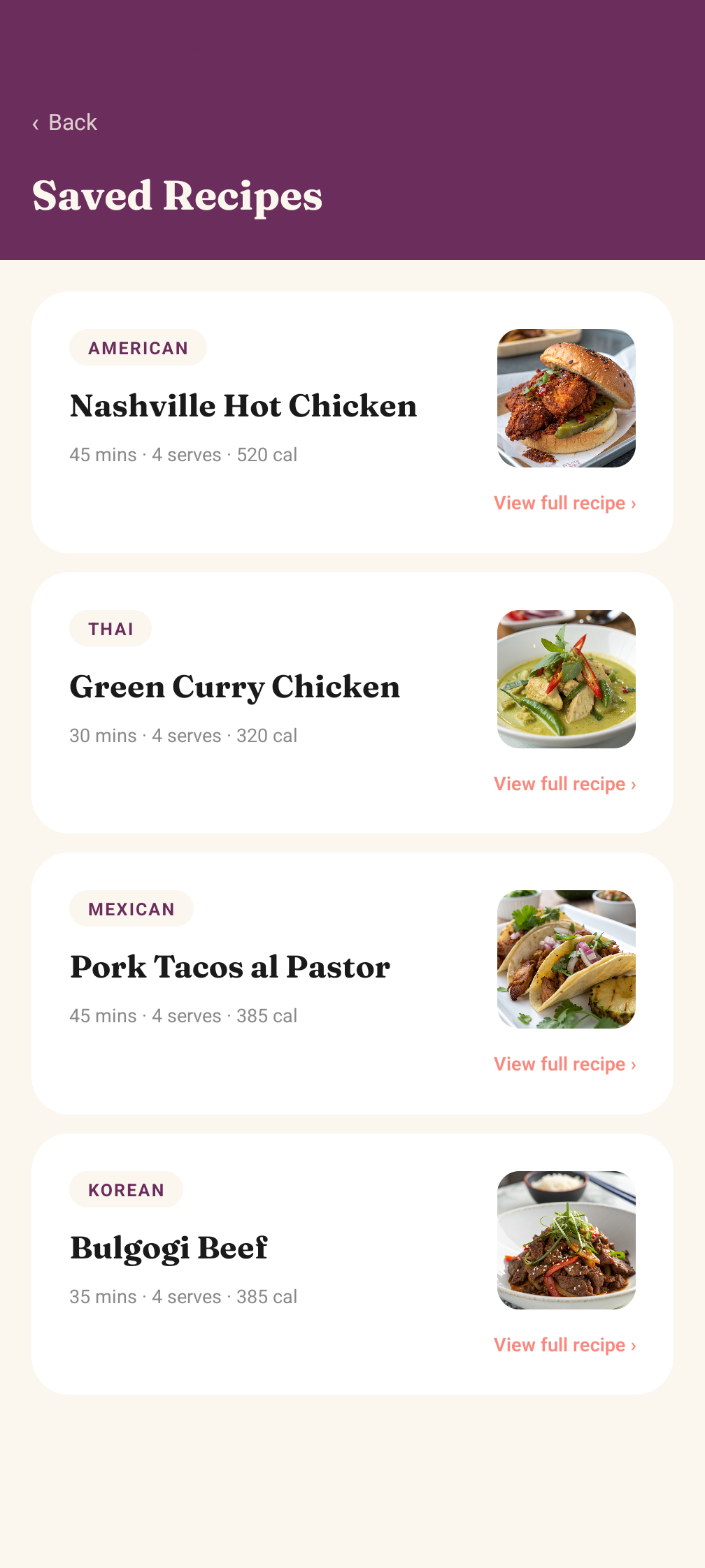 Saved recipes library